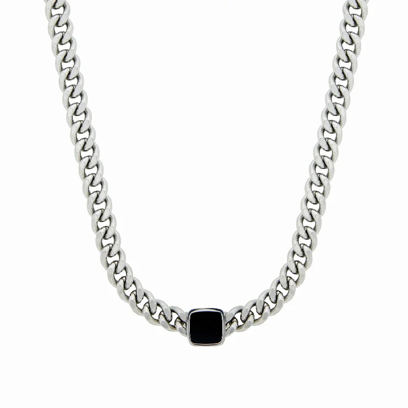 Elegant necklaces and pendants with diamond accents for added sparkle-Onyx Square Pendant Cuban Chain - Silver