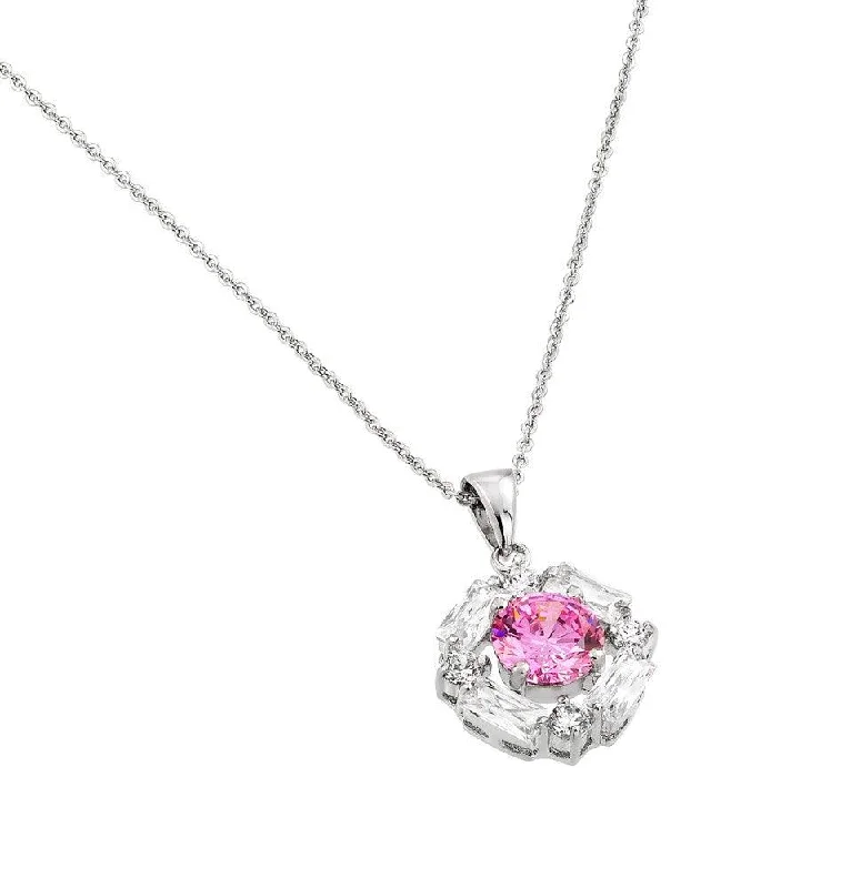 Beautiful necklaces and pendants with diamond halo settings for extra brilliance-Silver 925 Rhodium Plated Circle Center Pink CZ Necklace - BGP00809PK