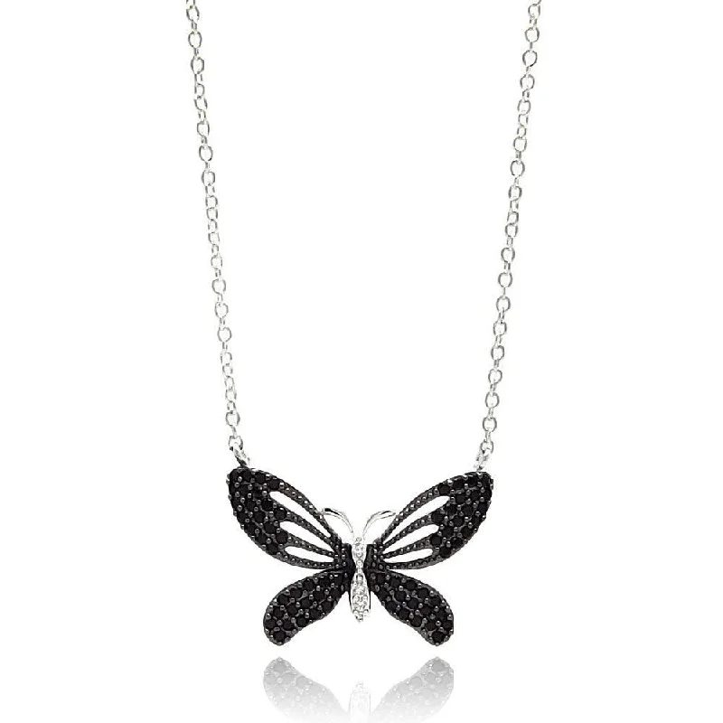 Best necklaces and pendants with vintage lockets for a nostalgic, sentimental look-Silver 925 Rhodium Plated Black Open Butterfly CZ Necklace - BGP00597