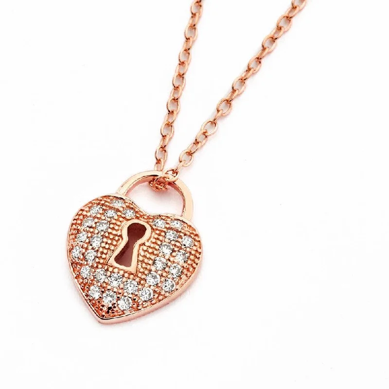 Best necklaces and pendants with opal and gold for a vibrant, luxurious contrast-Silver 925 Rose Gold Plated Clear CZ Heart Lock Pendant Necklace - BGP00824RGP