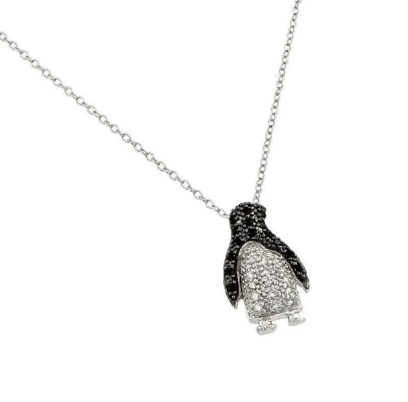 Stunning necklaces and pendants with ruby and diamond combinations for a luxurious effect-Silver 925 Rhodium Plated Clear and Black CZ Stone Penguin Pendant Necklace - BGP00863