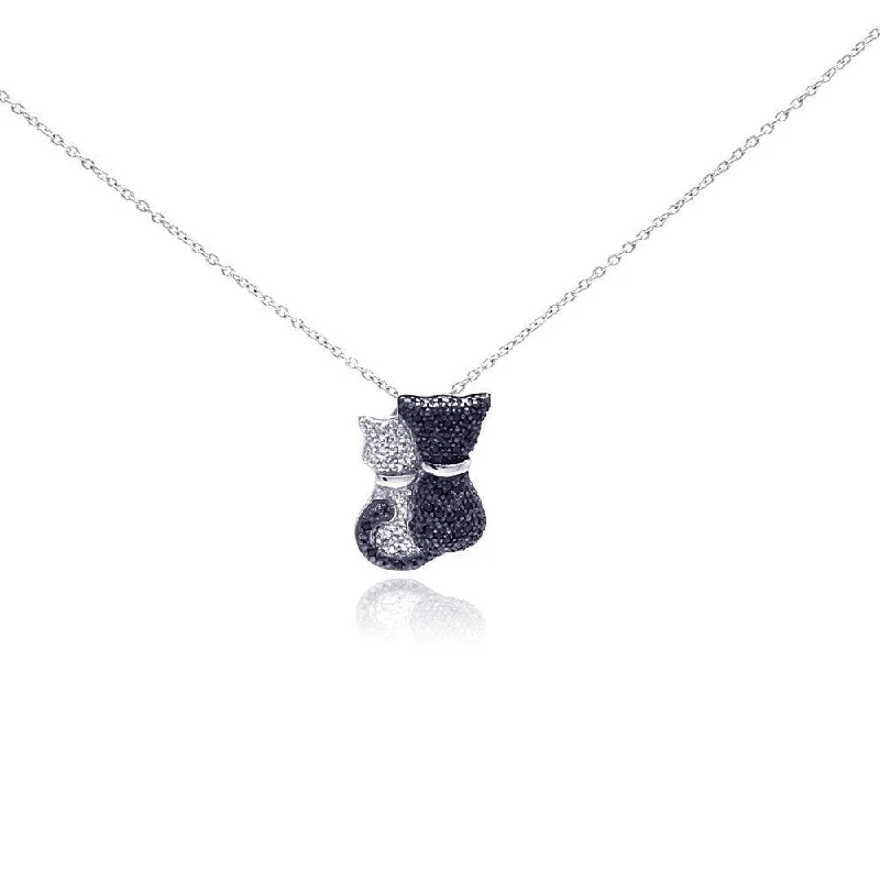 Personalized necklaces and pendants with coordinates for a meaningful location-based gift-Silver 925 Rhodium and Black Rhodium Plated Clear and Black CZ Kitty Pair Pendant Necklace - STP01049