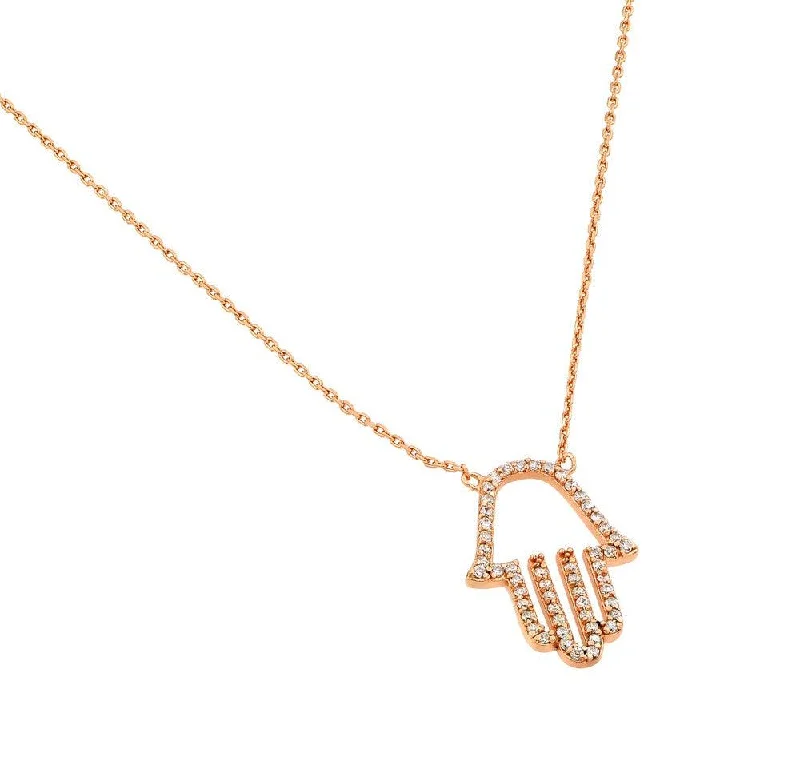 Stylish necklaces and pendants with diamonds for a glamorous and elegant look-Silver 925 Rose Gold Plated Clear CZ Hamsa Pendant Necklace - STP01379RGP