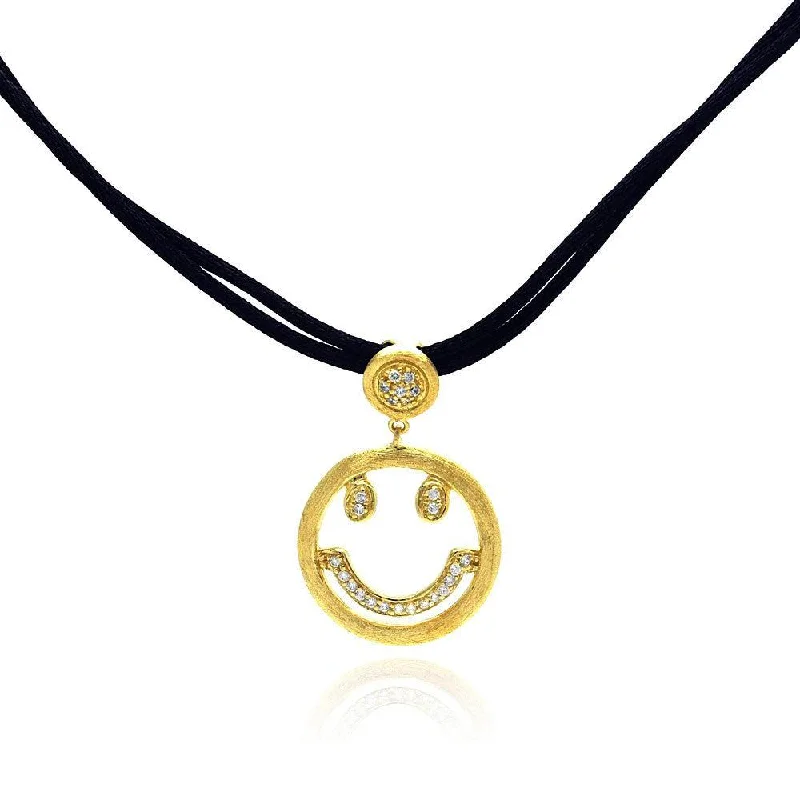 Unique necklaces and pendants with tree of life motifs for nature-inspired elegance-Clearance-Silver 925 Gold Plated Clear CZ Smile Pendant Leather Necklace - STP01052