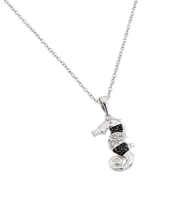 Beautiful necklaces and pendants with diamond-encrusted designs for maximum sparkle-Silver 925 Rhodium Plated Clear CZ Stone and Onyx Sea Horse Pendant Necklace - BGP00853