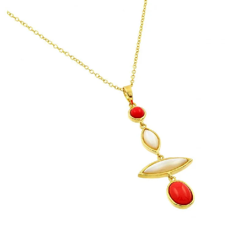 Best necklaces and pendants with intertwined designs for a symbol of unity-Silver 925 Gold Plated Round and Marquise Shaped Red and White Stones Pendant Necklace - BGP00914