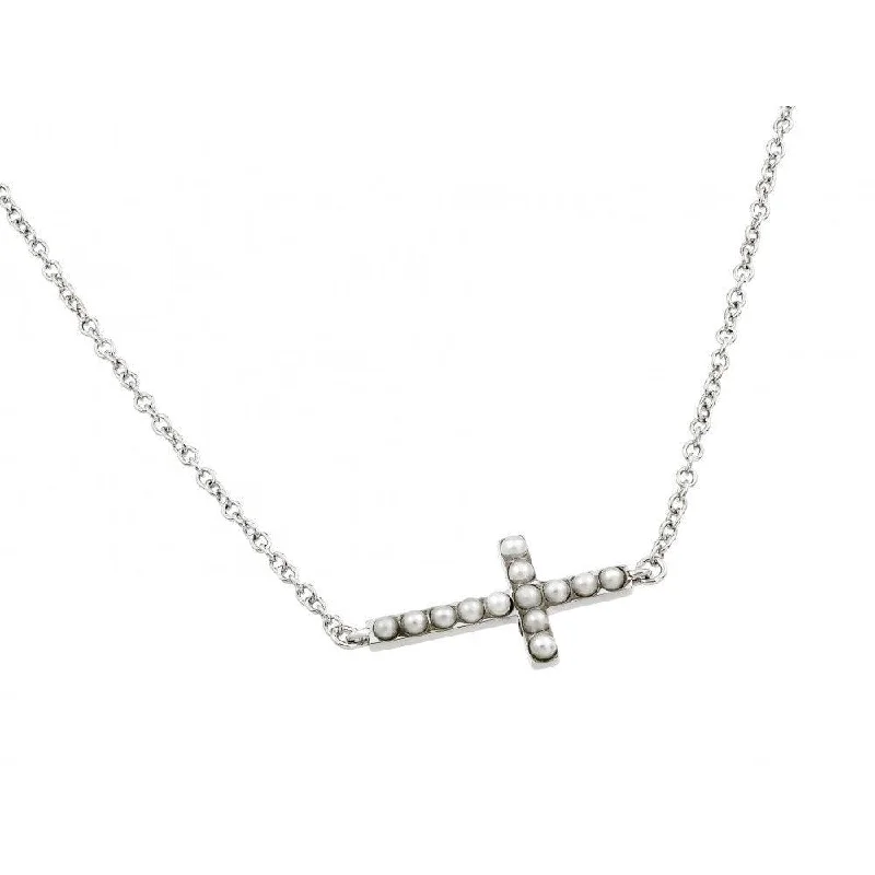 Trendy necklaces and pendants with geometric shapes for a modern aesthetic-Silver 925 Rhodium Plated Sideways Cross with Pearls Pendant Necklace - BGP00834