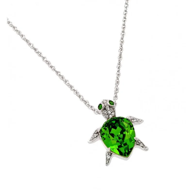 Stunning necklaces and pendants with chakra stones for healing and balance-Silver 925 Rhodium Plated Clear and Green CZ Turtle Pendant Necklace - STP01390