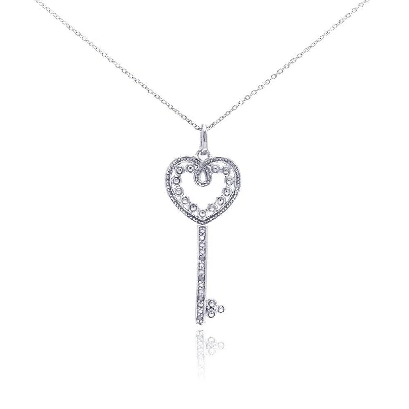 Unique necklaces and pendants with custom birthstone arrangements for personalization-Silver 925 Rhodium Plated Clear Diamond Heart Key Pendant Necklace - STP01037