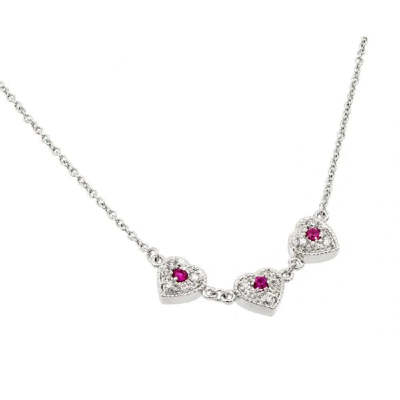 Trendy necklaces and pendants with statement pieces for a bold fashion statement-Silver 925 Rhodium Plated Clear CZ 3 Red Hearts Pendant Necklace - BGP00916RED