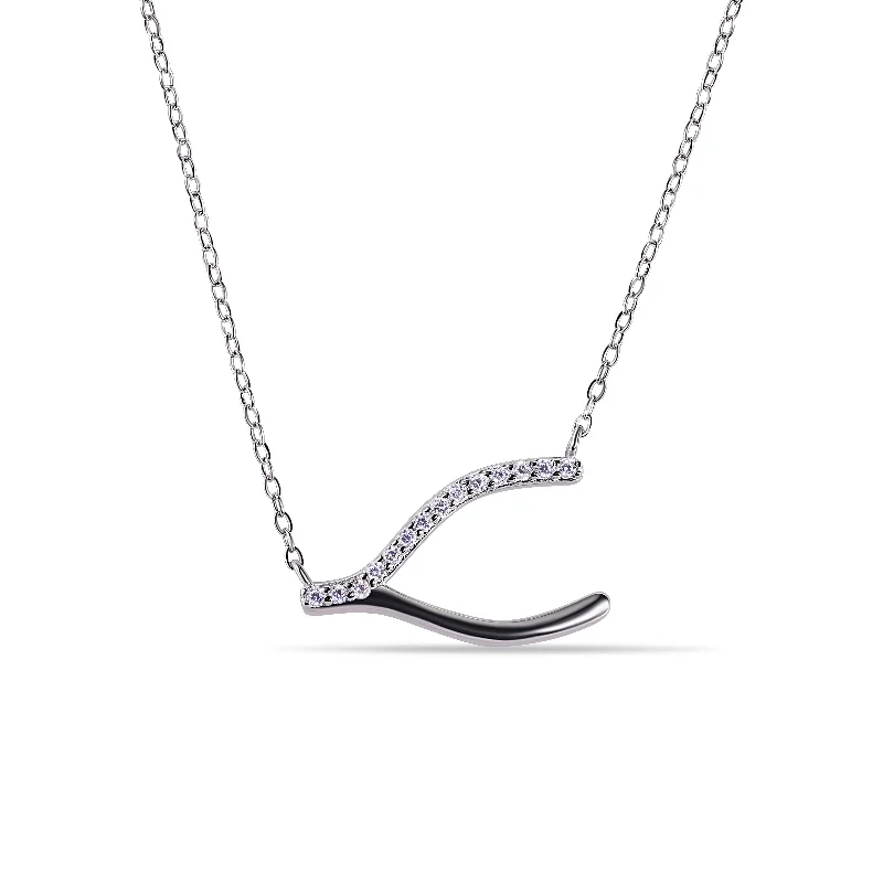 Necklaces and pendants with infinity love symbols for an eternal, romantic gesture-Silver 925 Rhodium Plated Clear CZ Wishbone Pendant Necklace - STP01393