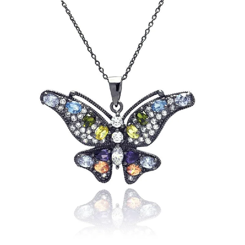 Best necklaces and pendants for weddings with matching designs for bride and groom-Silver 925 Rhodium Plated Clear CZ Butterfly Pendant Necklace - STP01323