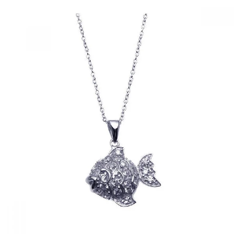 Beautiful necklaces and pendants with butterfly motifs for a whimsical style-Silver 925 Rhodium Plated Clear CZ Fish Pendant Necklace - STP00915