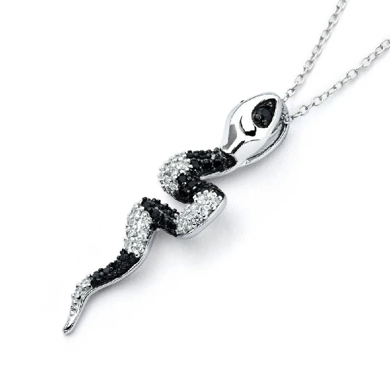 Best necklaces and pendants with black diamonds for an edgy, bold statement-Silver 925 Rhodium Plated Black and Clear Snake CZ Necklace - BGP00814