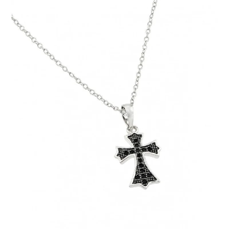 Necklaces and pendants with pearls for a classic and sophisticated touch-Silver 925 Rhodium Plated Black Cross CZ Inlay Necklace - BGP00806