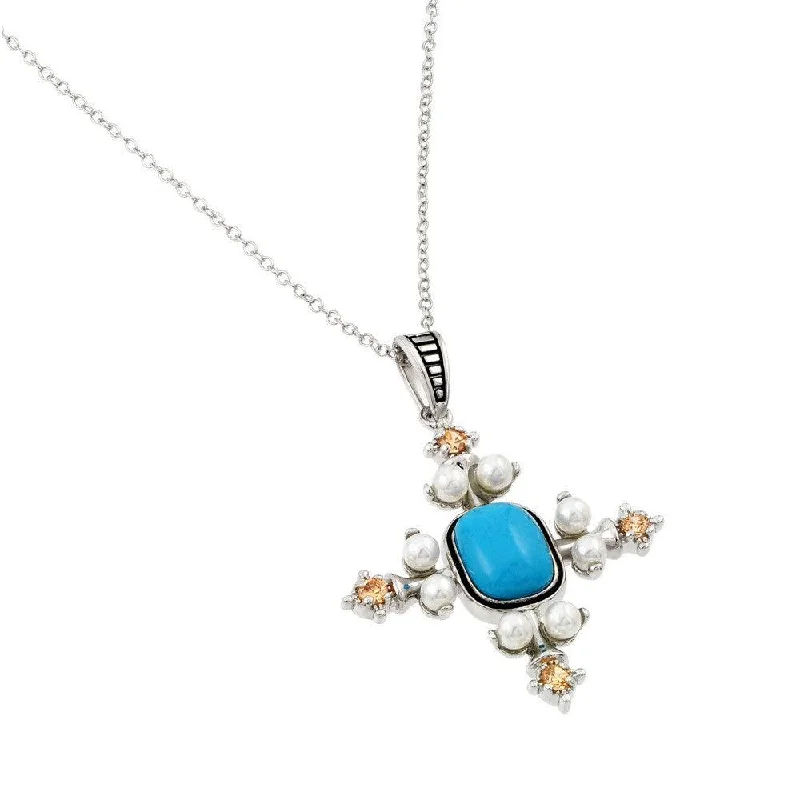 Necklaces and pendants with feather designs for a boho-chic, carefree vibe-Silver 925 Rhodium Plated Blue Stone Square Cross Pearl Pendant Necklace - BGP00966