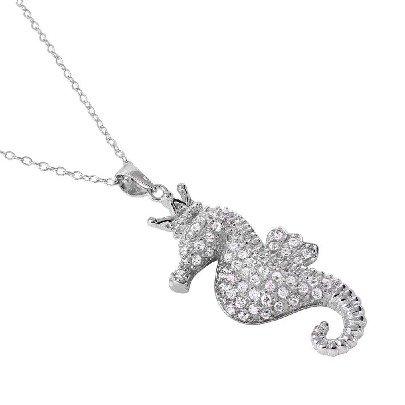 Necklaces and pendants with abstract shapes for a modern, creative appearance-Silver 925 Rhodium Plated Clear CZ Seahorse Pendant Necklace - BGP01025