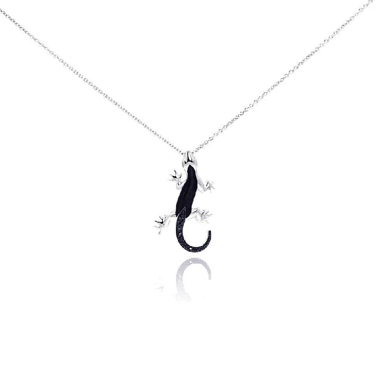 Best necklaces and pendants with matching rings for a coordinated jewelry set-Silver 925 Rhodium and Black Rhodium Plated Black CZ Lizard Pendant Necklace - STP01005