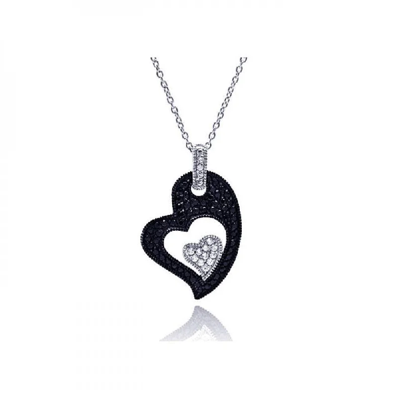 Unique necklaces and pendants with engraved messages for a sentimental gift-Clearance-Silver 925 Rhodium Plated Clear CZ Black Heart Pendant Necklace - STP01125