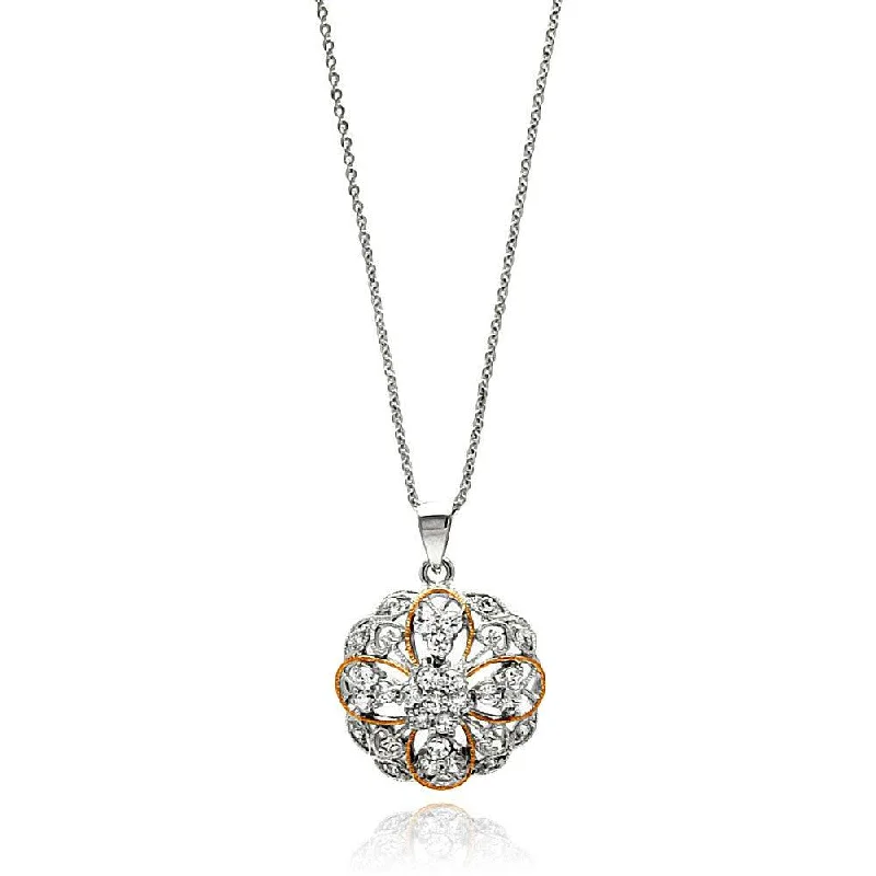 Beautiful necklaces and pendants with tree branch motifs for a nature-inspired design-Silver 925 Rhodium Plated Flower and Heart Design CZ Inlay Necklace - BGP00654