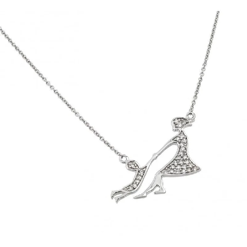 Necklaces and pendants with custom engravings for a personal, meaningful gift-Silver 925 Rhodium Plated Clear CZ Mother and Child Pendant Necklace - STP01397