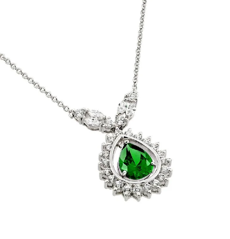 Best necklaces and pendants with matching earrings for a coordinated, elegant look-Silver 925 Rhodium Plated Green CZ Drop Shape Pendant Necklace - BGP00830G