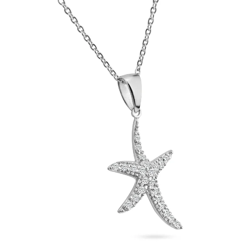 Beautiful necklaces and pendants with gemstone teardrops for an elegant effect-Silver 925 Rhodium Plated Clear CZ Starfish Pendant Necklace - STP01021