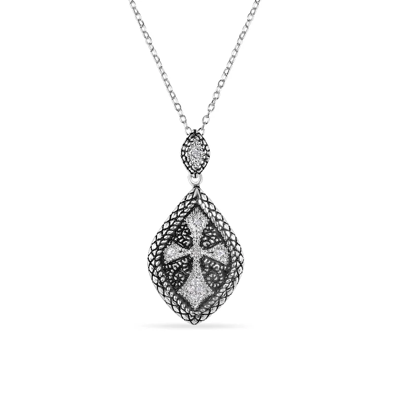 Necklaces and pendants with clear quartz for a pure and radiant look-Silver 925 Black and Rhodium Plated Marquis Inner Cross CZ Necklace - BGP00521