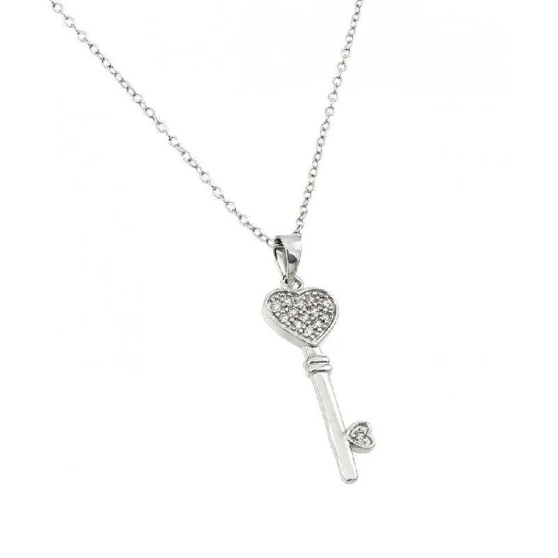 Unique necklaces and pendants with tree of life motifs for nature-inspired elegance-Silver 925 Rhodium Plated Heart Key CZ Necklace - BGP00362