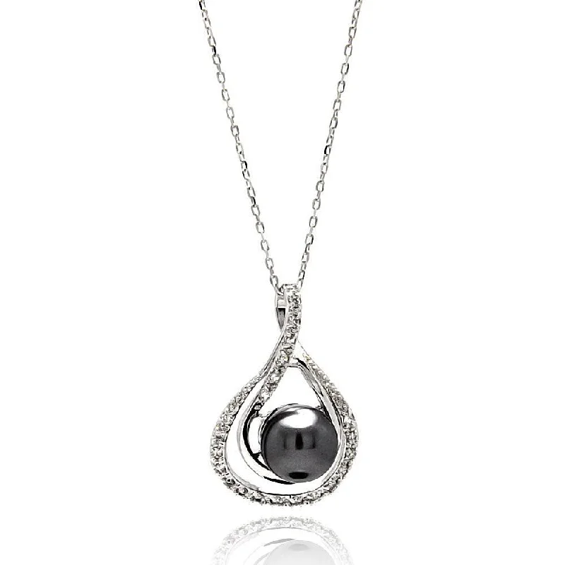 Best necklaces and pendants with minimalist pendants for a sleek, understated look-Silver 925 Rhodium Plated Double Open Teardrop CZ Black Center Pearl Necklace - BGP00574