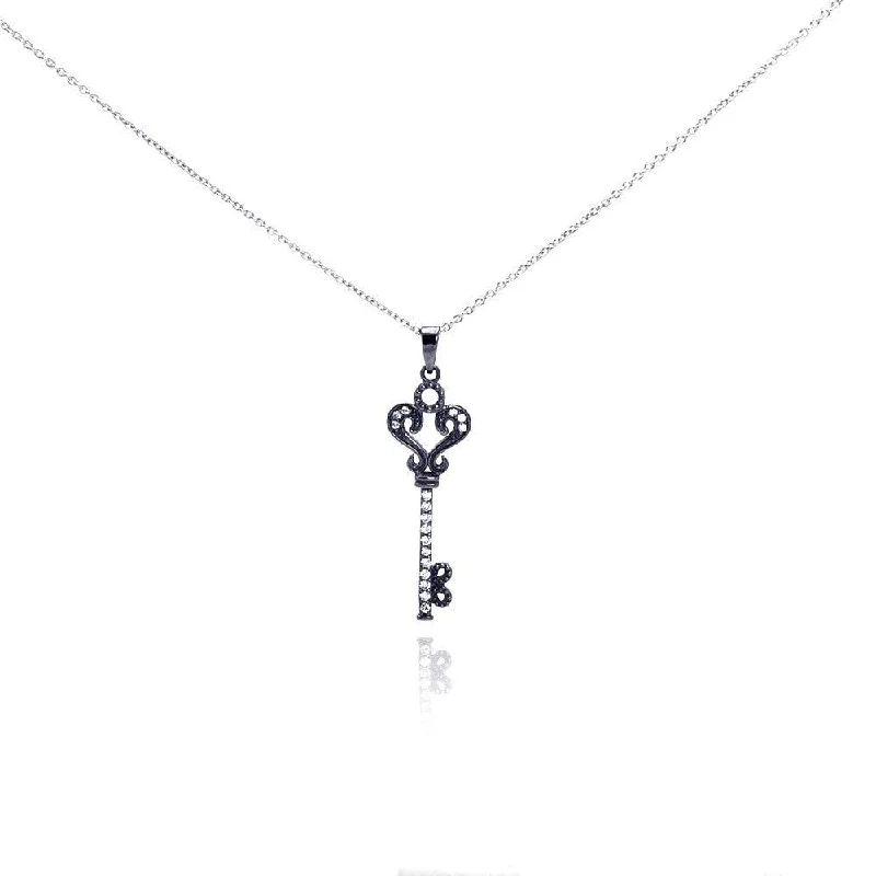 Stunning necklaces and pendants with ruby and diamond combinations for a luxurious effect-Silver 925 Black Rhodium Plated Clear CZ Key Pendant Necklace - STP00993