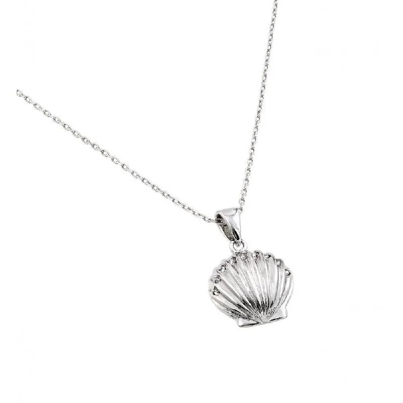 Stunning necklaces and pendants with birthstone pendants for a personal touch-Silver 925 Rhodium Plated Clear CZ Stone Clam Shell Pendant Necklace - BGP00848