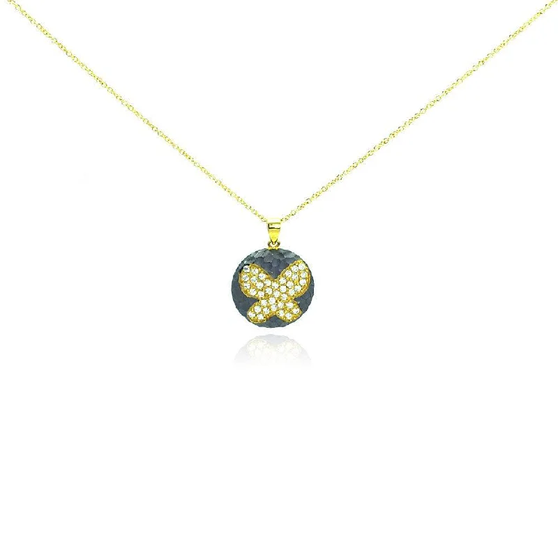 Necklaces and pendants with celestial starburst designs for a radiant look-Clearance-Silver 925 Gold Plated and Matte Black Rhodium Finish Butterfly Clear CZ Round Pendant Necklace - STP00986