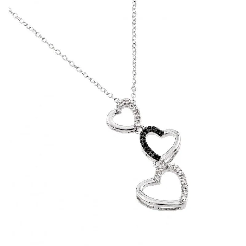 Best necklaces and pendants with matching earrings for a coordinated, elegant look-Silver 925 Rhodium Plated Three Graduated Open Heart Clear and Black CZ Necklace - BGP00679