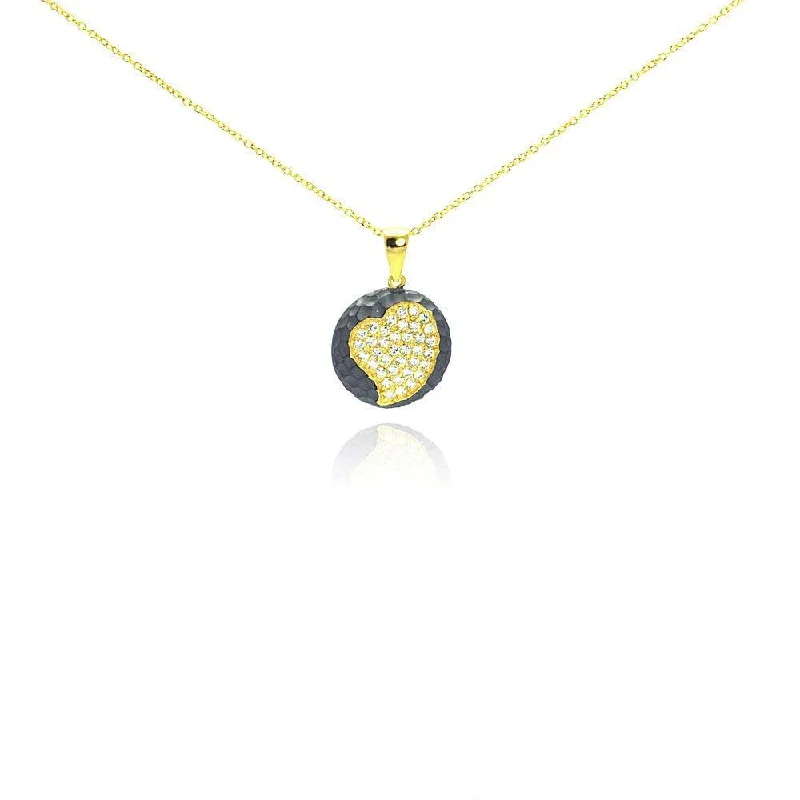 Beautiful necklaces and pendants with diamond-encrusted designs for maximum sparkle-Clearance-Silver 925 Gold Plated and Matte Black Rhodium Finish Heart Clear CZ Hammered Round Onyx Pendant Necklace - STP00990