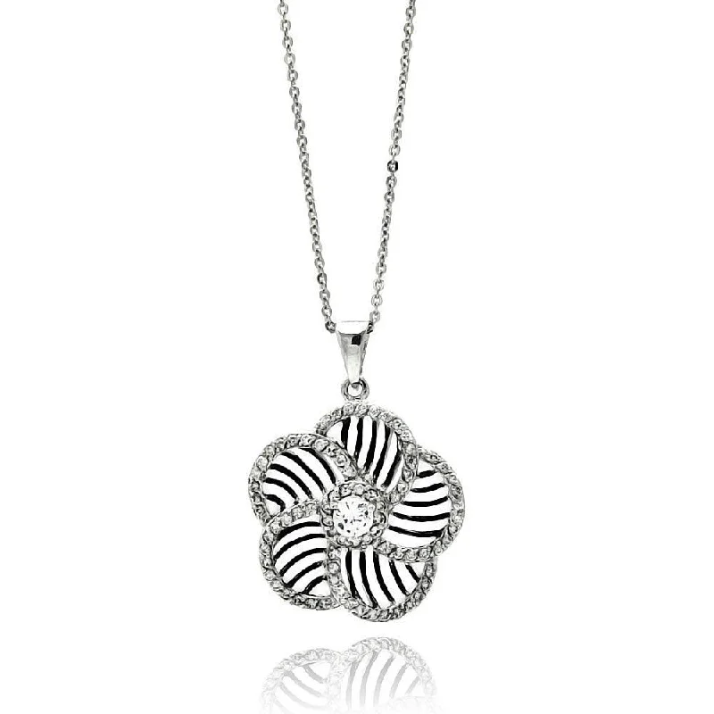 Best necklaces and pendants with art deco elements for a vintage, glamorous design-Clearance-Silver 925 Rhodium Plated Flower Inner Zebra Print CZ Necklace - BGP00519