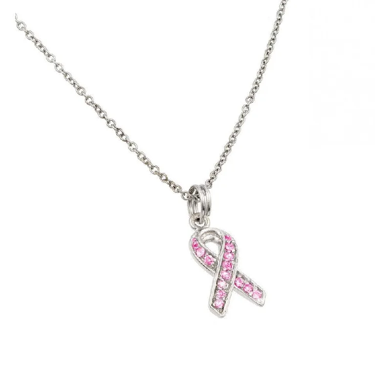 Unique necklaces and pendants with engraved messages for a sentimental gift-Silver 925 Pink CZ Rhodium Plated Ribbon Pendant Necklace - STP00060PNK