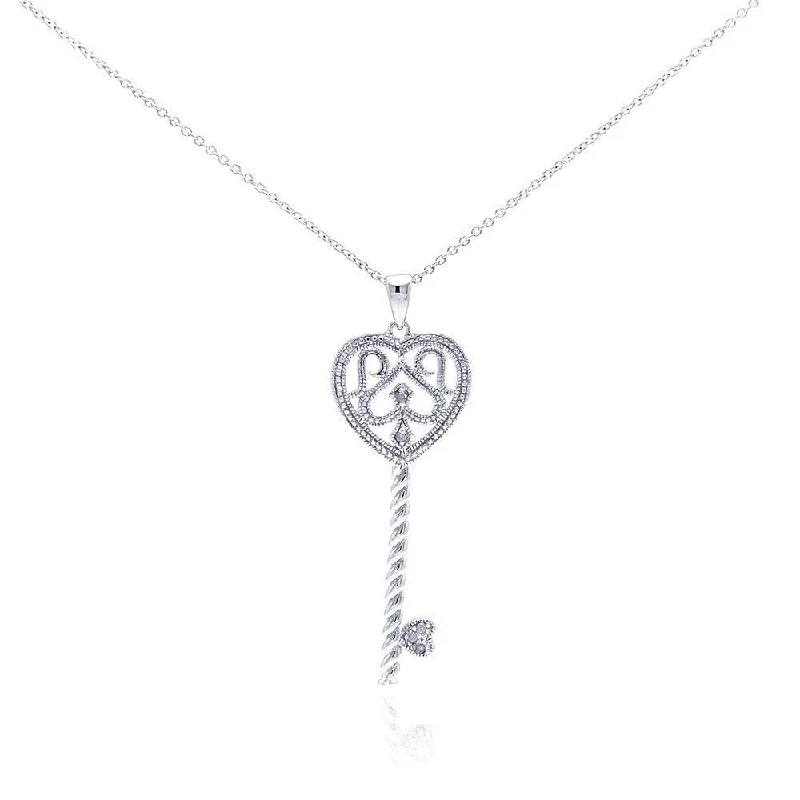 Beautiful necklaces and pendants with layered chains for a fashionable, chic look-Silver 925 Rhodium Plated Clear Diamond Key Pendant Necklace - STP01041