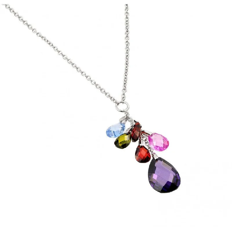 Stunning necklaces and pendants with ruby gemstones for a luxurious red hue-Silver 925 Rhodium Plated Clear CZ Multi-Color Pear Shapes Pendant Necklace - BGP00950