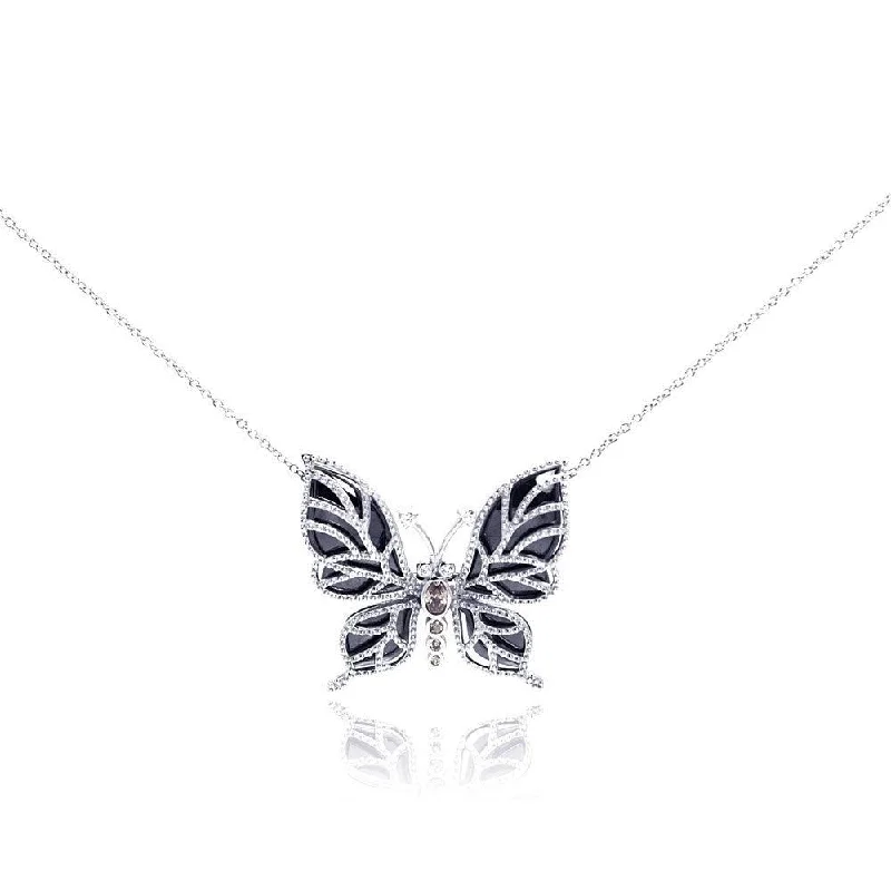 Best necklaces and pendants with minimalist pendants for a sleek, understated look-Silver 925 Rhodium Plated Clear CZ Butterfly Onyx Pendant Necklace - STP01016