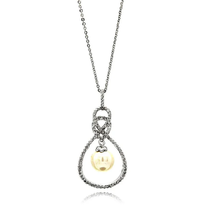 Unique necklaces and pendants with custom birthstone arrangements for personalization-Silver 925 Rhodium Plated Open Teardrop CZ Center Pearl Necklace - BGP00600