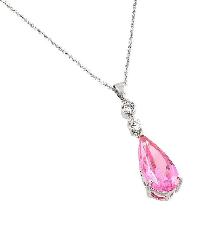 Best necklaces and pendants with layered designs for a chic, stacked look-Silver 925 Rhodium Plated Teardrop Pink CZ Dangling Necklace - BGP00810PK