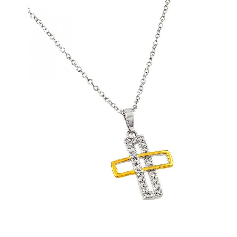 Stunning necklaces and pendants with turquoise and gold for a vibrant, earthy look-Silver 925 Rhodium and Gold Plated Interlaced Rectangle Cross Pendant Necklace - BGP00884