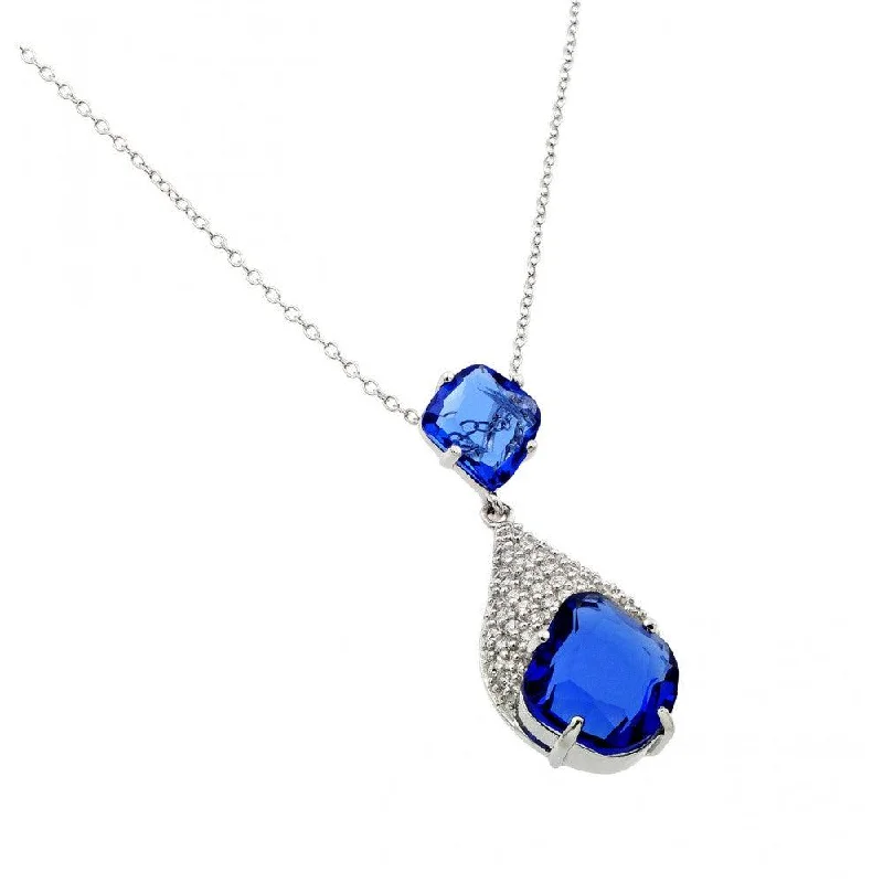 Beautiful necklaces and pendants with natural stones for an earthy, organic vibe-Silver 925 Rhodium Plated Blue and Clear CZ Drop Shape Pendant Necklace - BGP00915