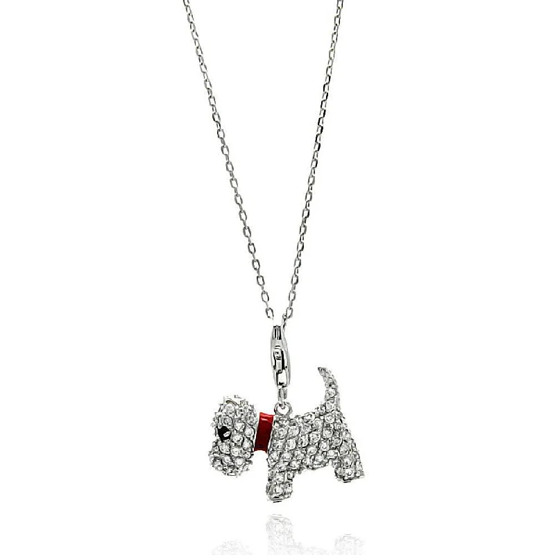 Best necklaces and pendants with adjustable chains for a customizable fit-Silver 925 Rhodium Plated Dog CZ Red Enamel Leash Necklace - BGP00585