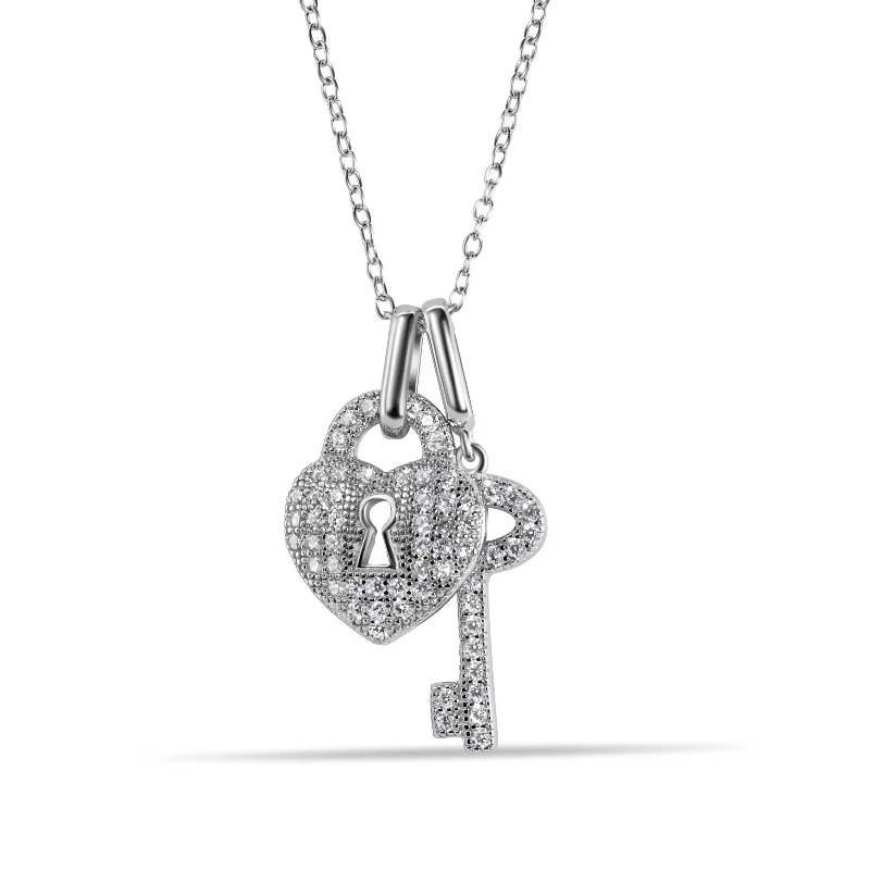 Elegant necklaces and pendants with infinity symbols for timeless designs-Silver 925 Rhodium Plated Clear CZ Lock and Key Pendant Necklace - BGP00860