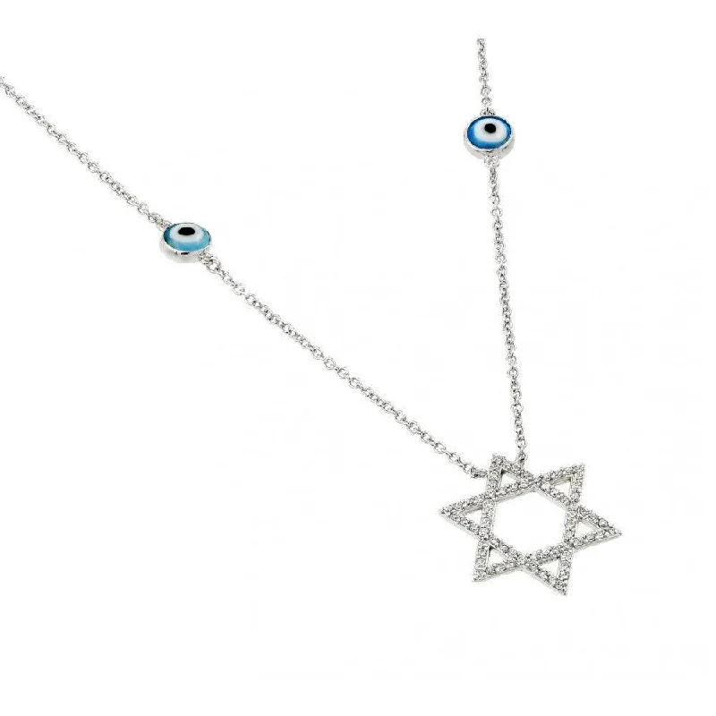 Best necklaces and pendants with art deco elements for a vintage, glamorous design-Silver 925 Rhodium Plated Round Evil Eye and Star of David Necklace - BGP00979