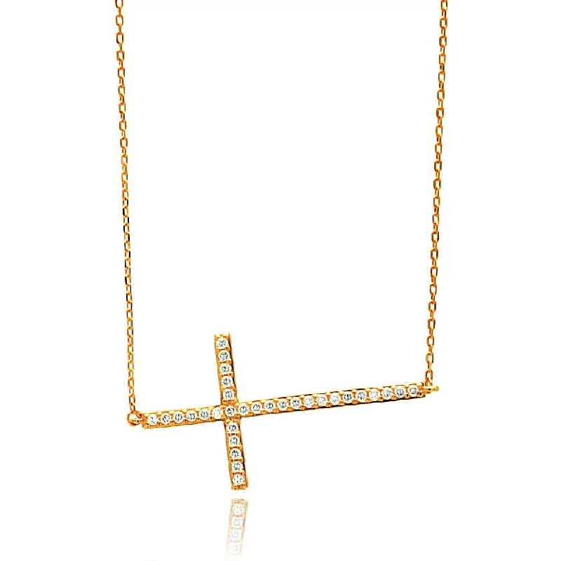 Best necklaces and pendants with statement designs for a fashionable accessory-Silver 925 Rose Gold Plated Sideways Cross CZ Necklace - BGP00675