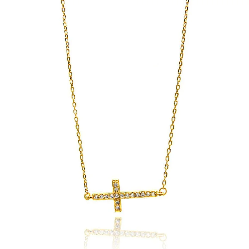 Best necklaces and pendants for everyday wear with minimalist designs-Silver 925 Gold Plated Sideways Cross CZ Necklace - BGP00673