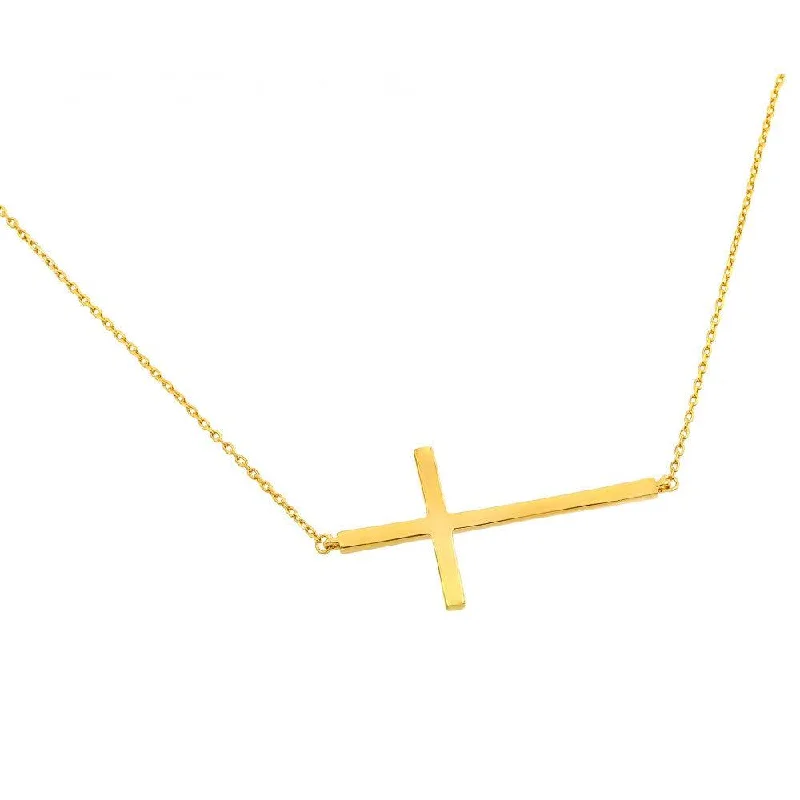 Best necklaces and pendants with opal gemstones for an iridescent glow-Silver 925 Gold Plated Plain Sideways Solid Cross Pendant Necklace - BGP00820GP